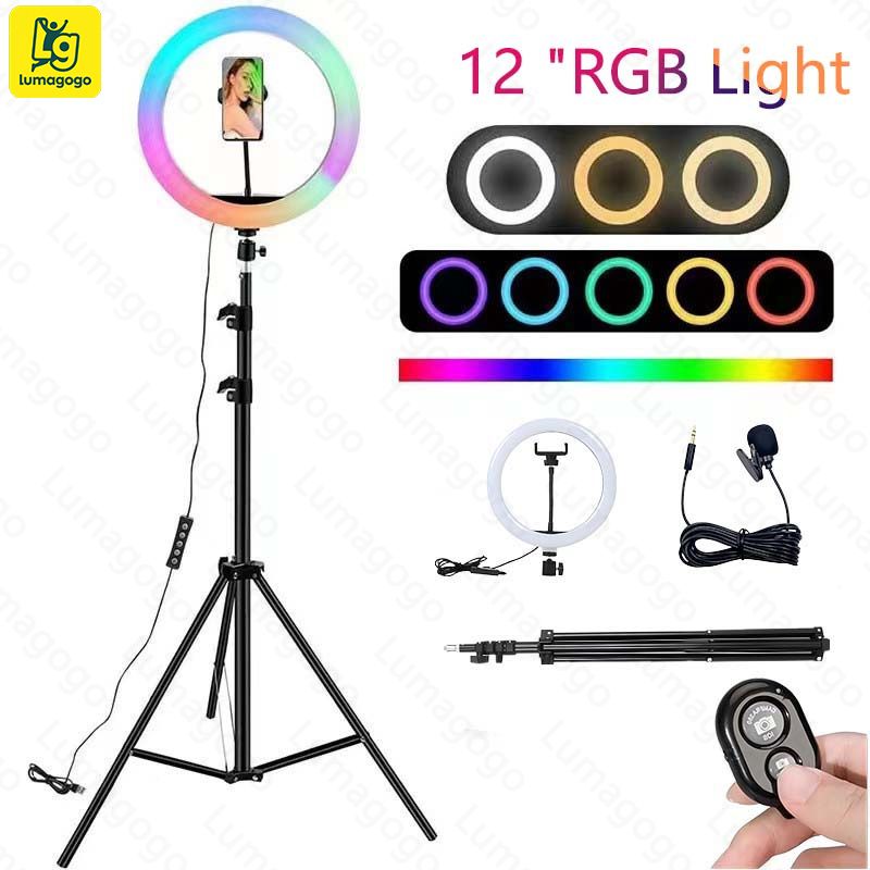 4 in 1(Free Gift: Micphone+Remote) 12 inch Ring RGB colors light beauty fill light mobile phone live photography color atmosphere light 2.1M Tripod Stand for Selfie/Makeup/Youtube/Tiktok Video