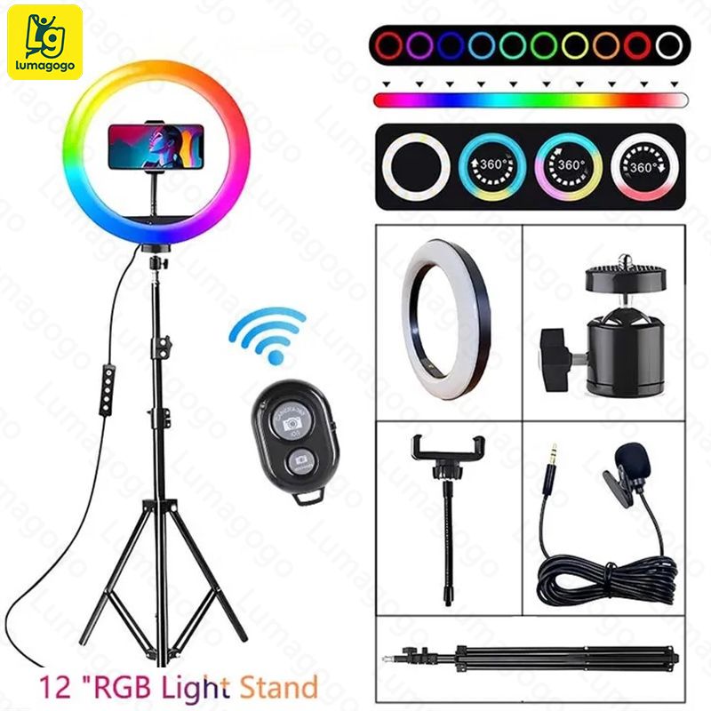 New 12inch ring RGB colors light(Free Gift: Micphone+Remote) fill light mobile phone live photography color atmosphere light 2.1M Tripod for Selfie Live Stream/Makeup/Youtube/Tiktok VideoStand