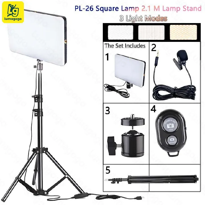 4in1(Free Gift:Micphone+Remote) Studio LED light with Tripod Stand 210cm Panel PL-26 Tri-color Adjustable for Selfie Live Stream/Makeup/Youtube/Tiktok Video/Photography