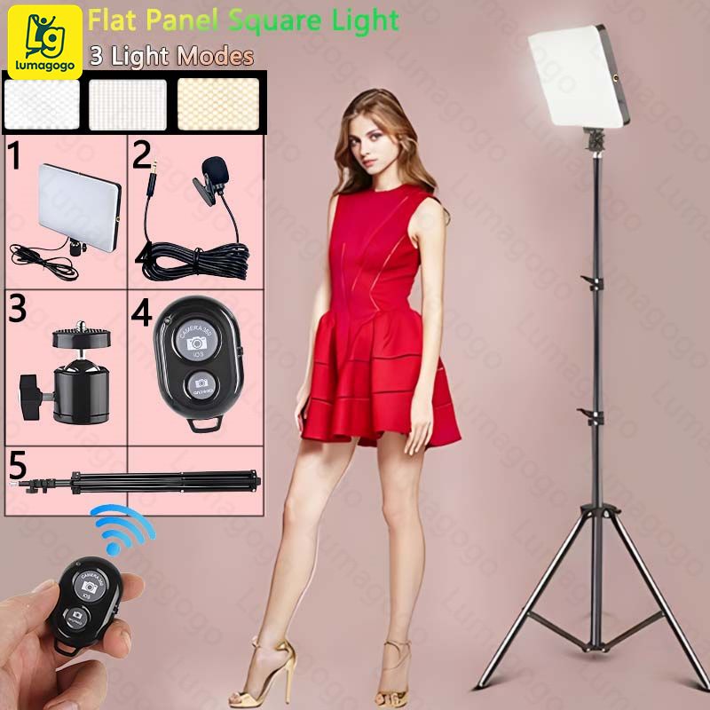 4in1(Free Gift:Micphone+Remote) PL-26 Flat Square Lamp LED  Equipment Video Lighting Lamps with 2.1M Tripod Stand for Selfie Live Stream/Makeup/Youtube/Tiktok Video/Photography