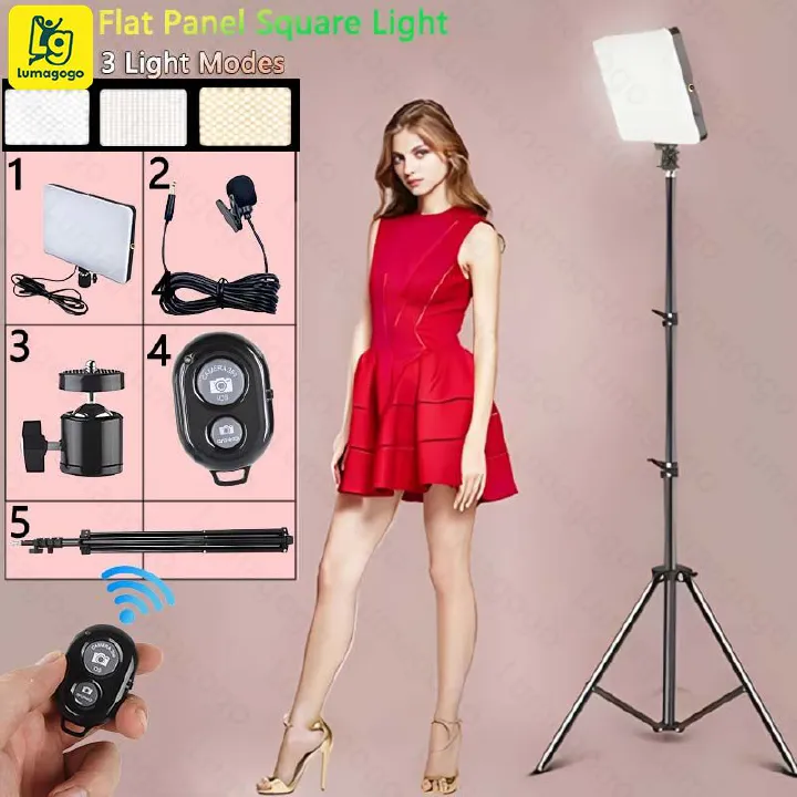 4in1(Free Gift:Micphone+Remote) PL-26 Flat Square Lamp LED  Equipment Video Lighting Lamps with 2.1M Tripod Stand for Selfie Live Stream/Makeup/Youtube/Tiktok Video/Photography