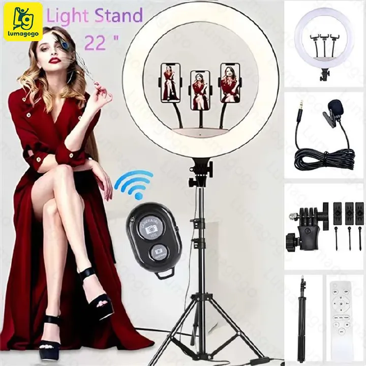 Generic 4 in 1 (Free Gift: Micphone+Remote)  Ring Light 22Inch  for Selfie Live Stream/Makeup/Youtube/Tiktok Video/Photography WITH 2.1M TRIPOD Stand