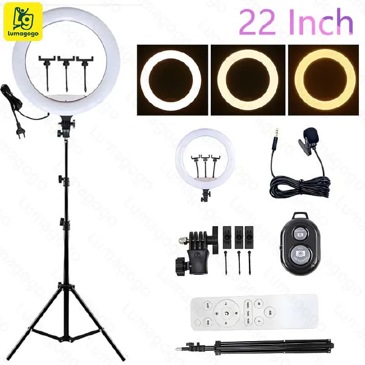 4 in 1(Free Gift: Micphone+Remote) 2.1M Tripod Stand with 22 Inch LED Ring Light- Dimmable Beauty Ringlight for Selfie Live Stream/Makeup/Youtube/Tiktok Video/Photography