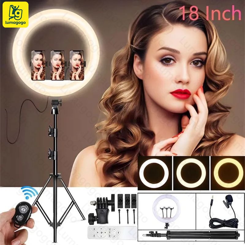 4 in 1(Free Gift: Micphone+Remote)2.1M Tripod Stand with 18 Inch LED Ring Light- Dimmable Beauty Ringlight for Selfie Live Stream/Makeup/Youtube/Tiktok Video/Photography