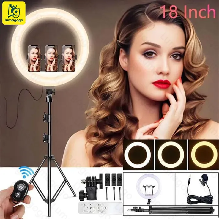 4 in 1(Free Gift: Micphone+Remote)2.1M Tripod Stand with 18 Inch LED Ring Light- Dimmable Beauty Ringlight for Selfie Live Stream/Makeup/Youtube/Tiktok Video/Photography