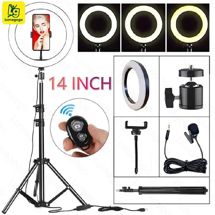 4 in 1(Free Gift: Micphone+Remote) 2.1M Tripod Stand with 14 Inch LED Ring Light- Dimmable Beauty Ringlight for Selfie Live Stream/Makeup/Youtube/Tiktok Video/Photography