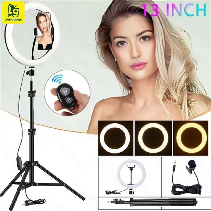 4 in 1(Free Gift: Micphone+Remote) 2.1M Tripod Stand with 13 Inch LED Ring Light- Dimmable Beauty Ringlight for Selfie Live Stream/Makeup/Youtube/Tiktok Video/Photography
