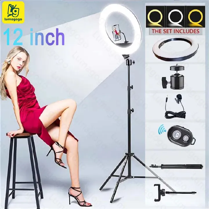 4 in 1(Free Gift: Micphone+Remote) 2.1M Tripod Stand with 12 Inch LED Ring Light- Dimmable Beauty Ringlight for Selfie Live Stream/Makeup/Youtube/Tiktok Video/Photography