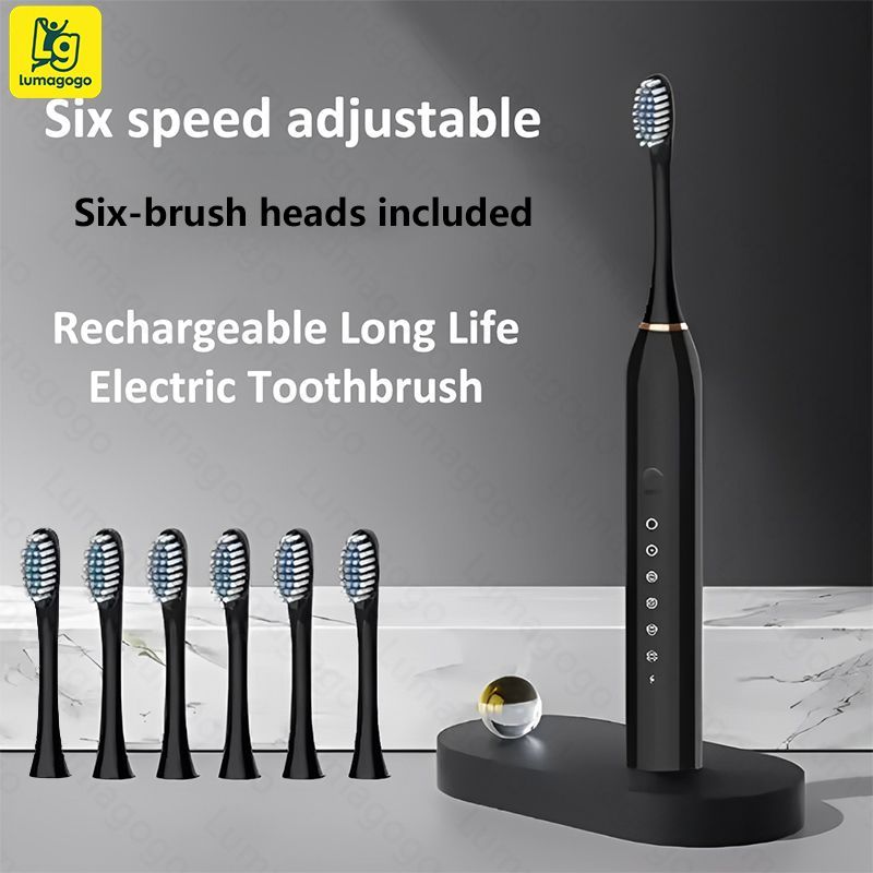 Six Cleaning Modes Electric Toothbrush With Six Brush Heads Rechargeable USB Charging  IPX7 Waterproof Powerful Cleaning Electric toothbrushes IntelligentTimed Reminder For Men Women Kids
