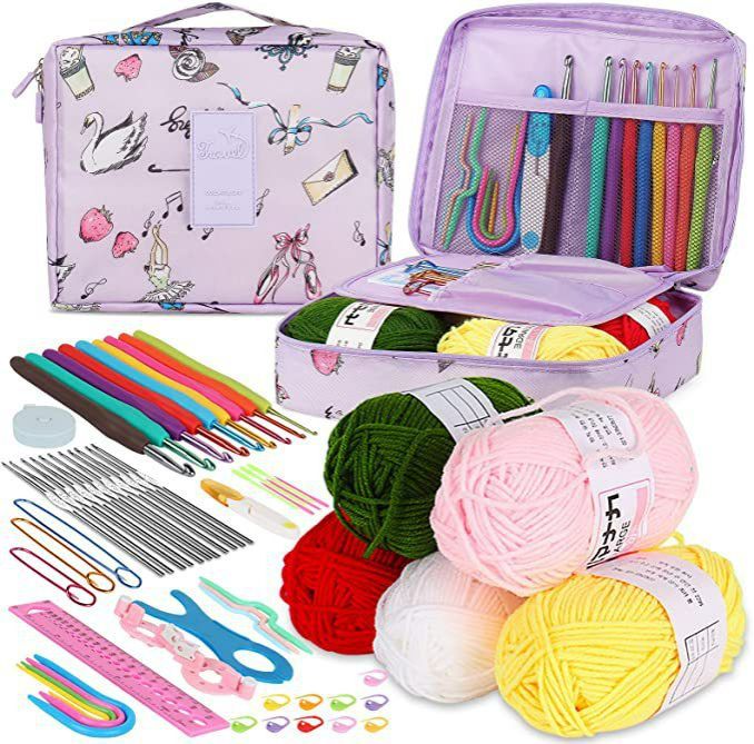 58 PCS Crochet Kit, Upgraded Hanging Crochet Set with Case & Yarn for Crocheting, Crochet Hook Set for Beginners Crochet Hook Kit with Crochet Book, Crochet Hooks, Knitting & Crochet Supplies