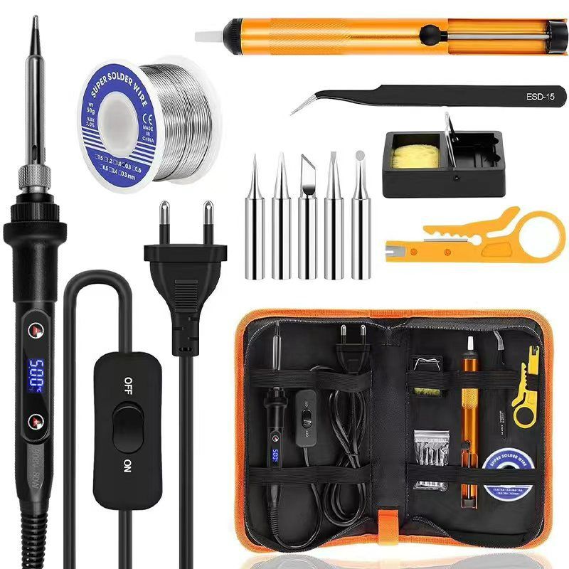 Soldering Iron Kit 80W LCD Adjustable Temperature 180-500℃ Solder Kit Electronics 13 in 1 Welding Tools with ON/OFF Switch, Solder Wire, 5 Soldering Tips, Desoldering Pump, Stand, Tweezers