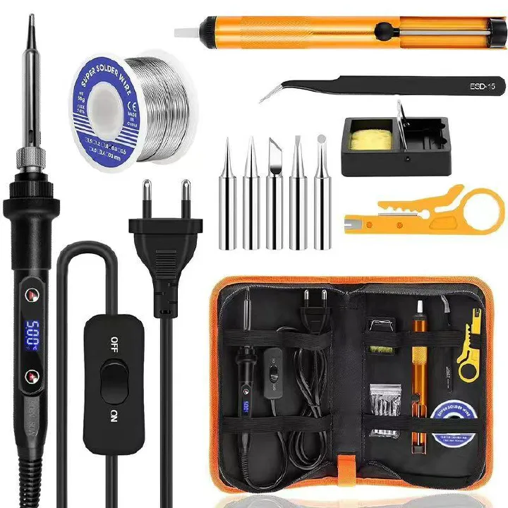 Soldering Iron Kit 80W LCD Adjustable Temperature 180-500℃ Solder Kit Electronics 13 in 1 Welding Tools with ON/OFF Switch, Solder Wire, 5 Soldering Tips, Desoldering Pump, Stand, Tweezers