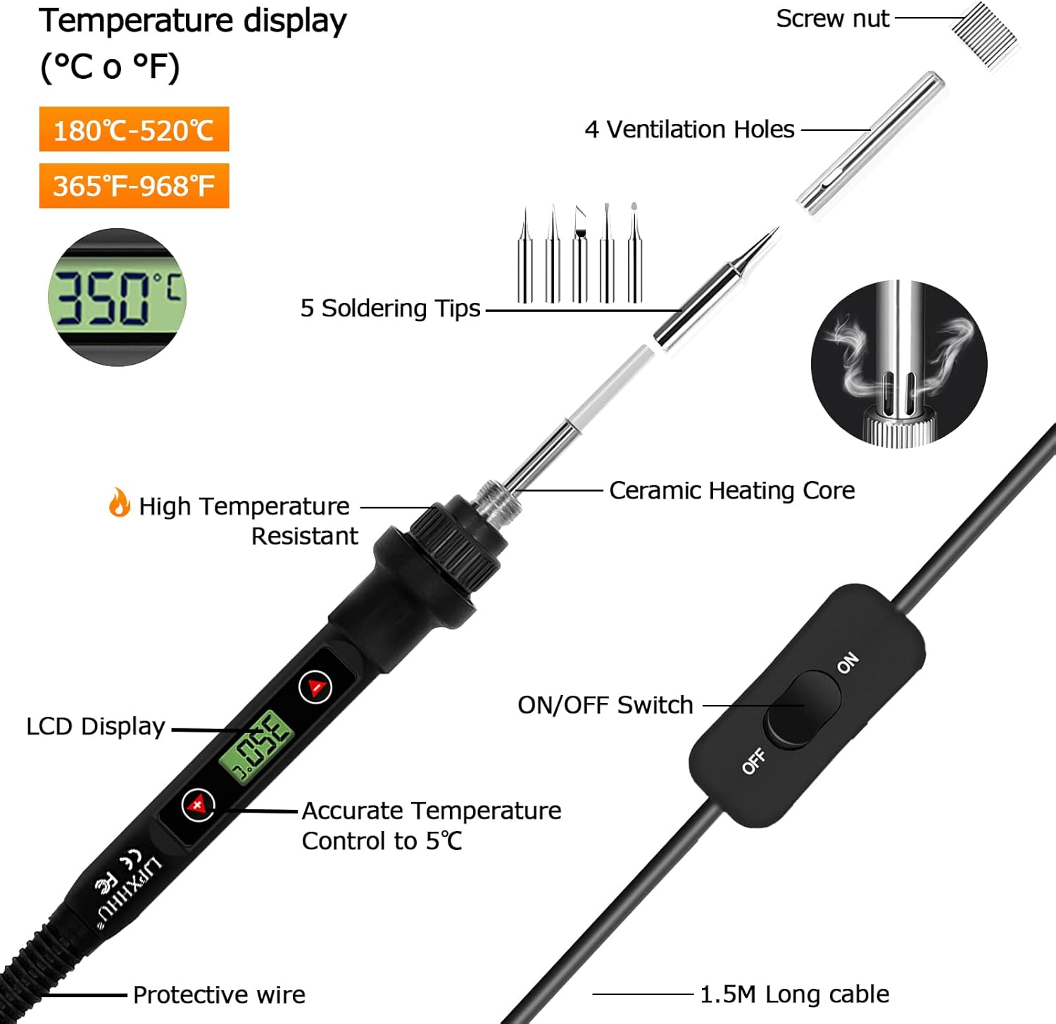 Soldering Iron Kit 80W LCD Adjustable Temperature 180-500℃ Solder Kit Electronics 13 in 1 Welding Tools with ON/OFF Switch, Solder Wire, 5 Soldering Tips, Desoldering Pump, Stand, Tweezers