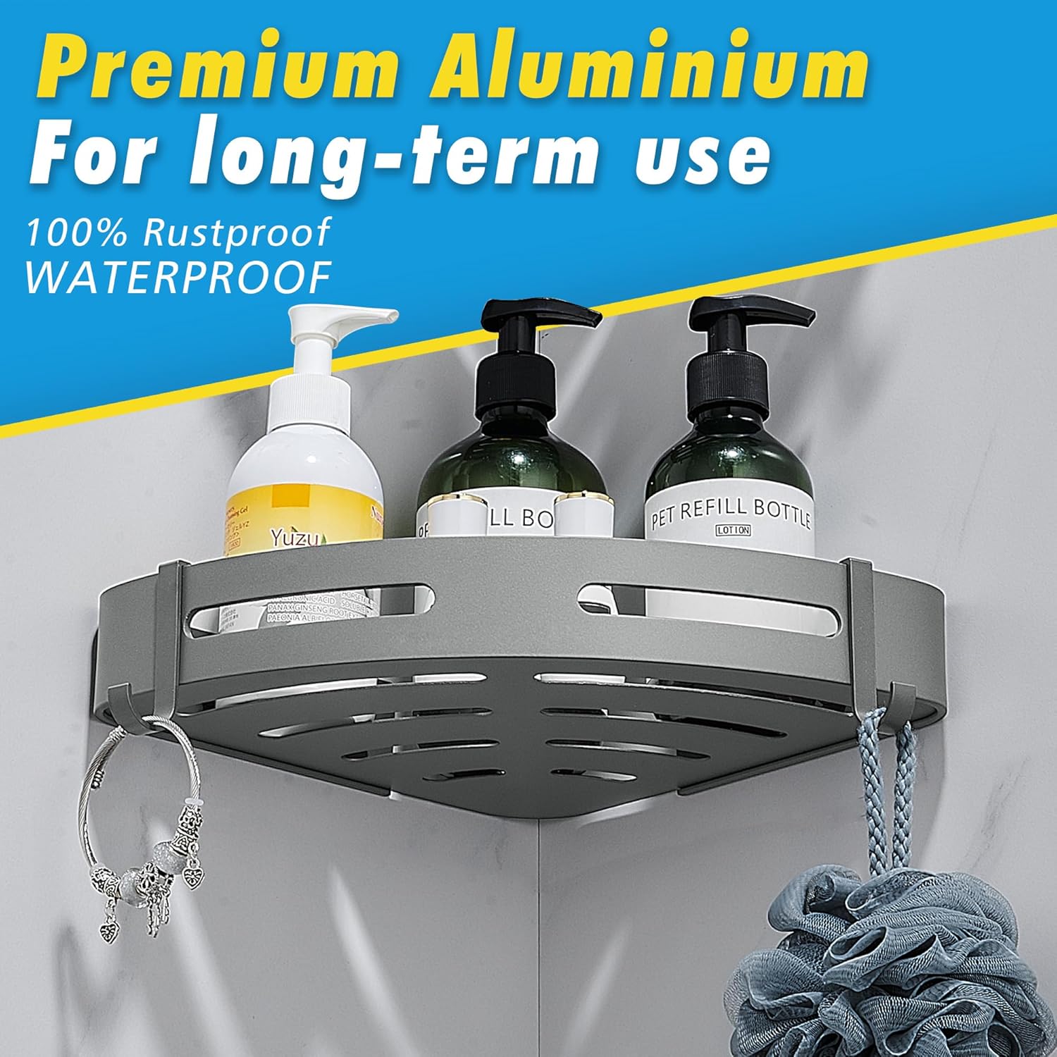 1PCS Shower Shelf Corner No Drilling Adhesive Bathroom Shelves Aluminium Shower Caddy Basket Wall Mounted Shower Storage for Kitchen & Bathroom Organiser Matt