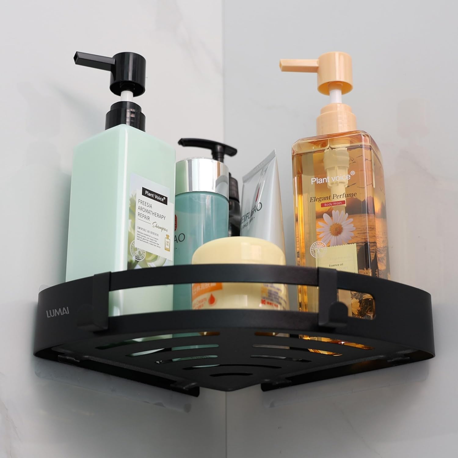 1PCS Shower Shelf Corner No Drilling Adhesive Bathroom Shelves Aluminium Shower Caddy Basket Wall Mounted Shower Storage for Kitchen & Bathroom Organiser Matt
