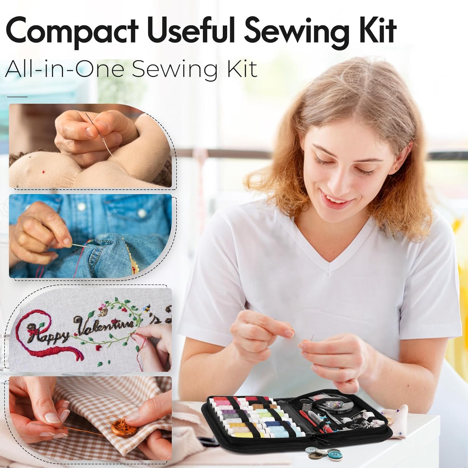 58pcs Sewing Kit with Case Portable Sewing Supplies for Home Traveler, Adults, Beginner, Emergency, Kids Contains Thread, Scissors, Needles,Measuring Tape