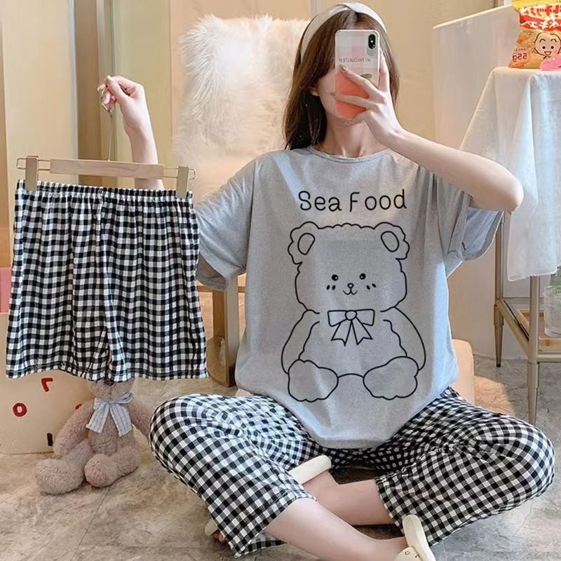 3 PCS Capri Pajamas for Women Set Short Sleeve Pajama Sets Floral Pj Sets Soft Sleepwear Women Sleepwear  Sleep Shirt and Long Pants with Shorts Pajam