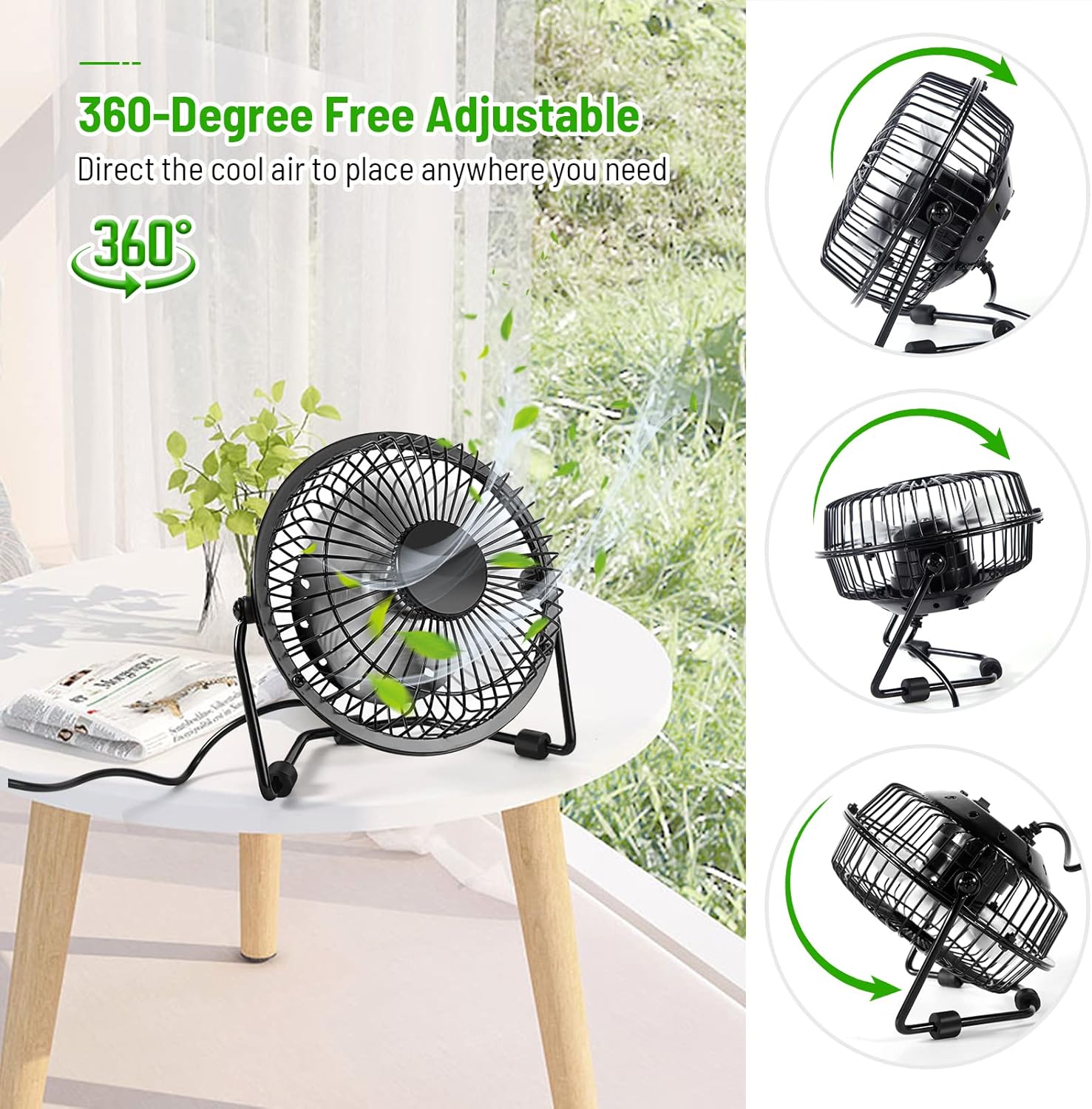 4 Inch Desk Fan Quiet Small USB Fan 360° Rotation Portable Table Fan 2 Speed Mini Personal Fan Air Cooling Electric Fan for Home Office Bedroom Travel Camping