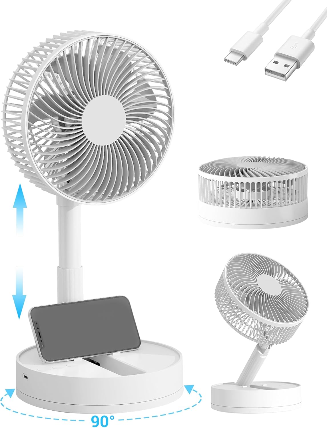 ﻿Portable Fan Desk Fan Portable Folding Fan, Rechargeable Standing Pedestal USB Fan, 3 Speeds, 2000mAh Battery Operated Fan for Home, Camping, Outdoor and Office