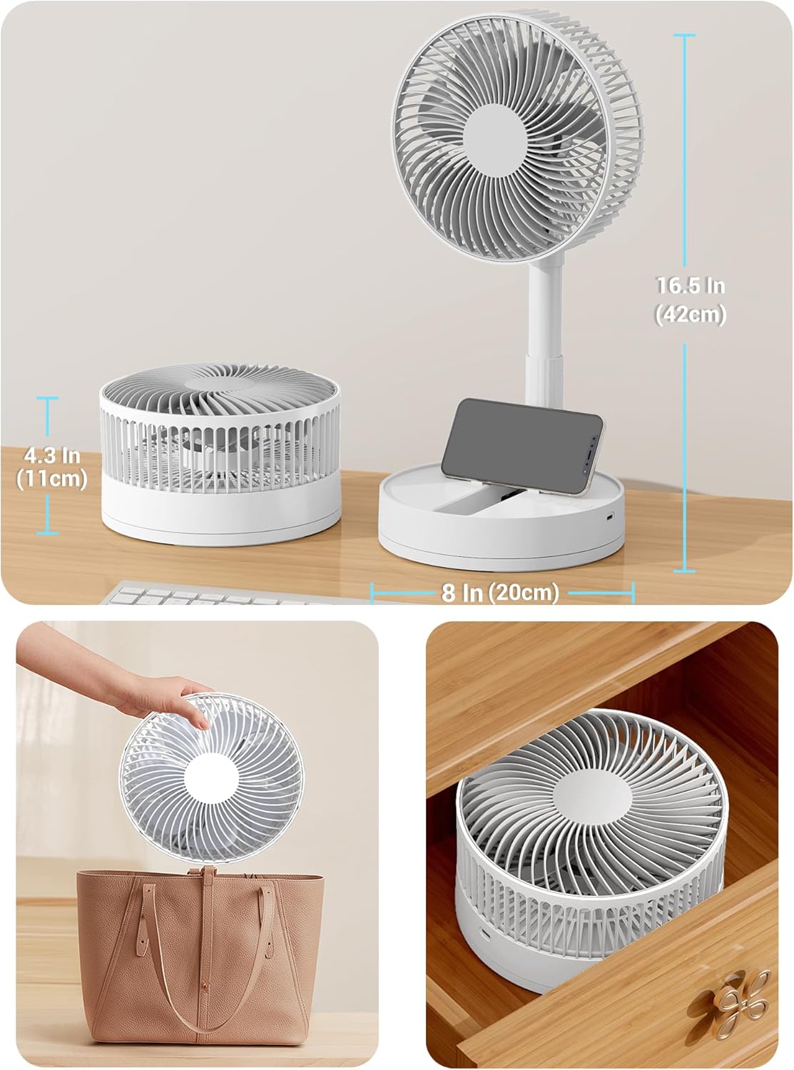 ﻿Portable Fan Desk Fan Portable Folding Fan, Rechargeable Standing Pedestal USB Fan, 3 Speeds, 2000mAh Battery Operated Fan for Home, Camping, Outdoor and Office