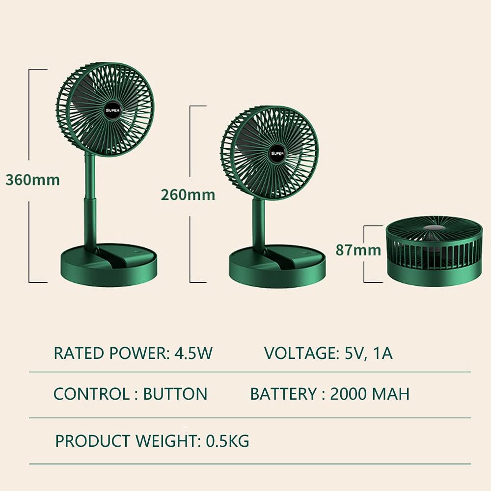 ﻿Portable Fan Desk Fan Portable Folding Fan, Rechargeable Standing Pedestal USB Fan, 3 Speeds, 2000mAh Battery Operated Fan for Home, Camping, Outdoor and Office