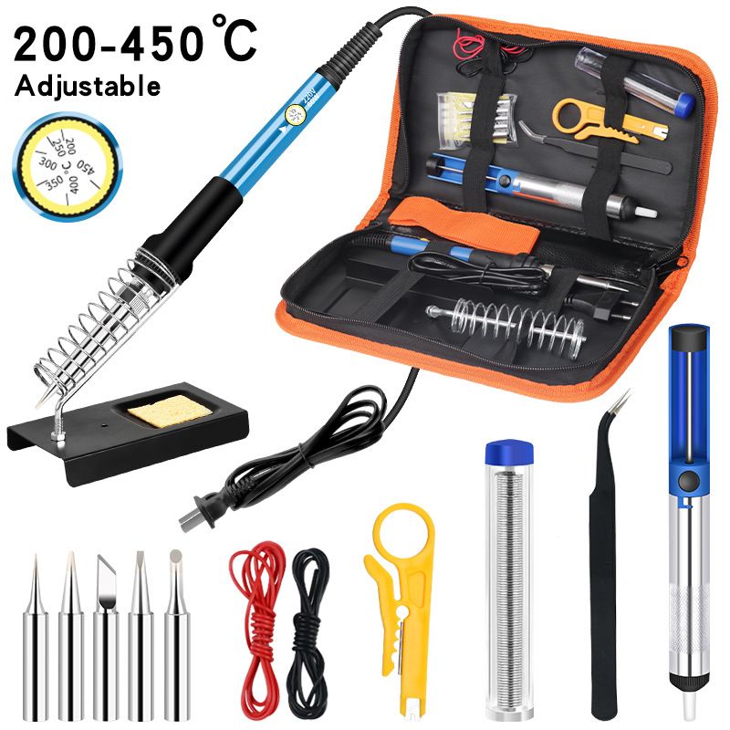 15pcs Soldering Iron Kit Electronics, 60W Adjustable Temperature Welding Tool Soldering Tips Desoldering Pump Soldering Iron Stand Tweezers