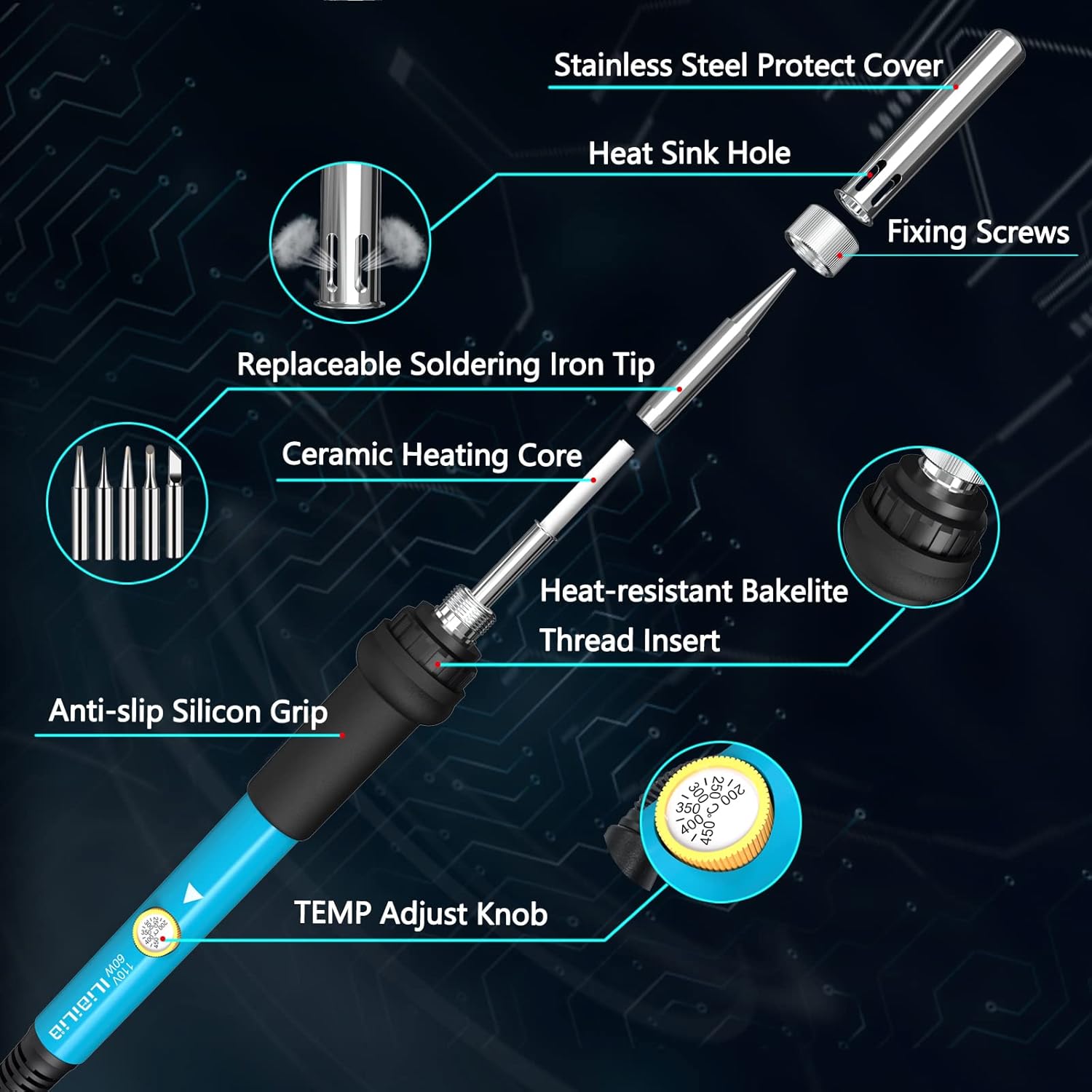 15pcs Soldering Iron Kit Electronics, 60W Adjustable Temperature Welding Tool Soldering Tips Desoldering Pump Soldering Iron Stand Tweezers