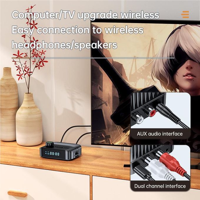 Bluetooth 5.3 Transmitter Receiver for TV, Bluetooth Audio Adapter w/Display & Knob, 3.5mm AUX RCA Wireless Audio Adapter for Home Stereo/Headphone/Speaker/TV/PC/Car, Support TF Card/U Disk Music Play