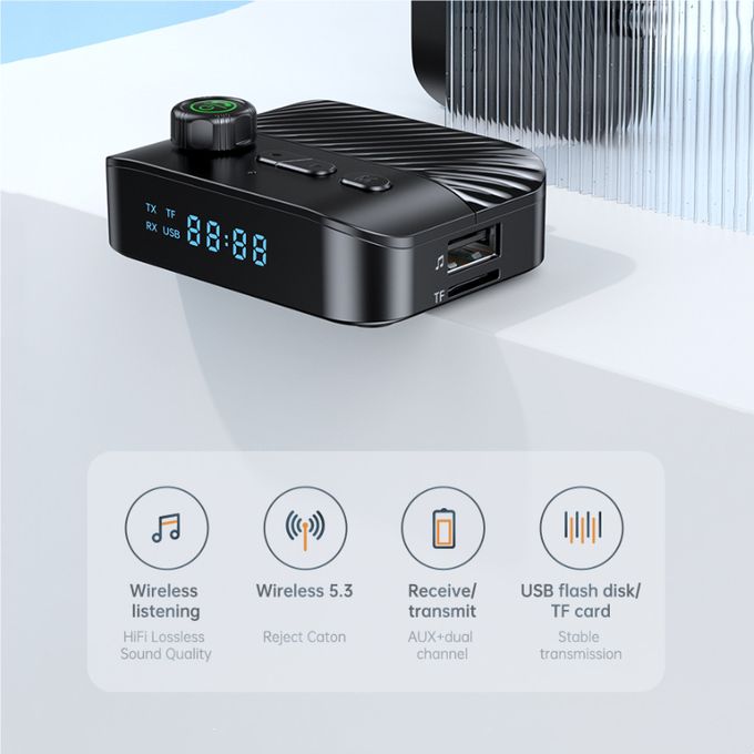Bluetooth 5.3 Transmitter Receiver for TV, Bluetooth Audio Adapter w/Display & Knob, 3.5mm AUX RCA Wireless Audio Adapter for Home Stereo/Headphone/Speaker/TV/PC/Car, Support TF Card/U Disk Music Play