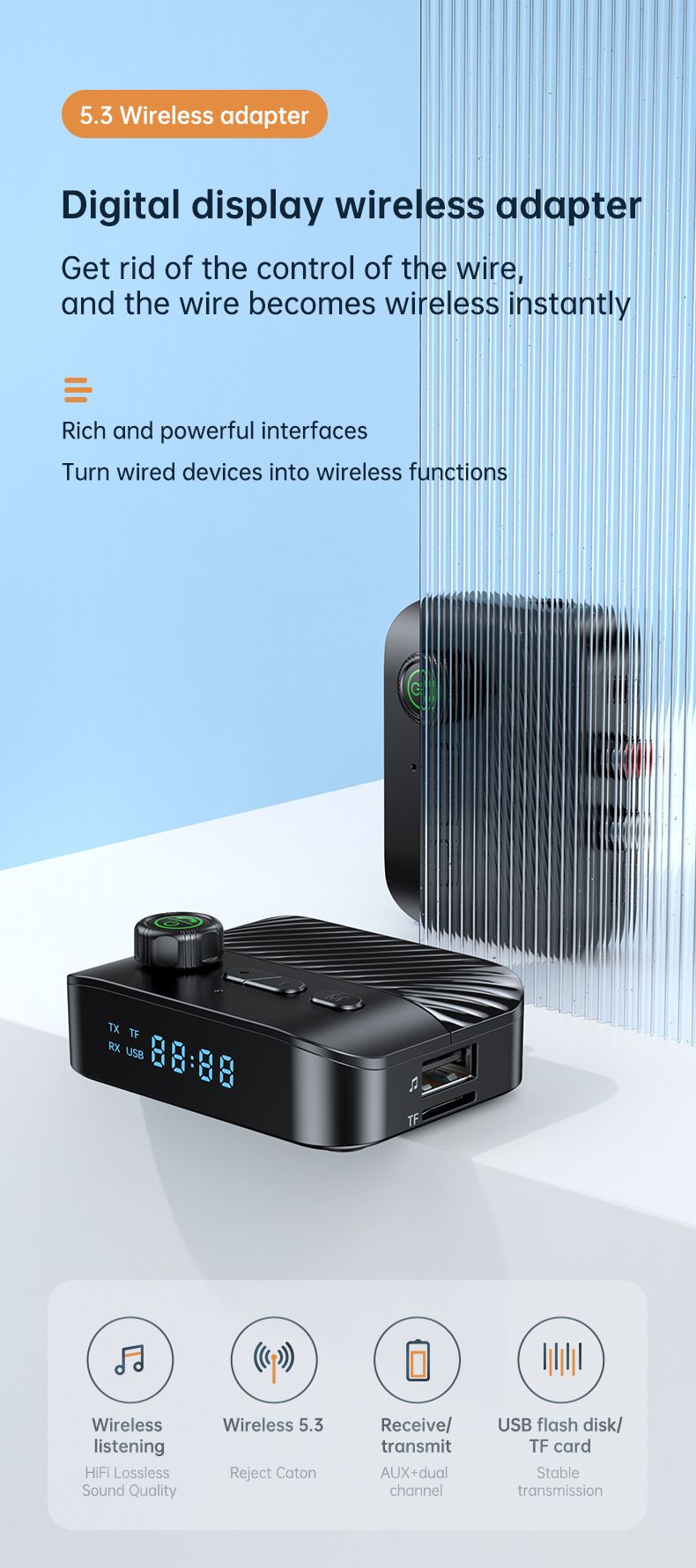 Bluetooth 5.3 Transmitter Receiver for TV, Bluetooth Audio Adapter w/Display & Knob, 3.5mm AUX RCA Wireless Audio Adapter for Home Stereo/Headphone/Speaker/TV/PC/Car, Support TF Card/U Disk Music Play