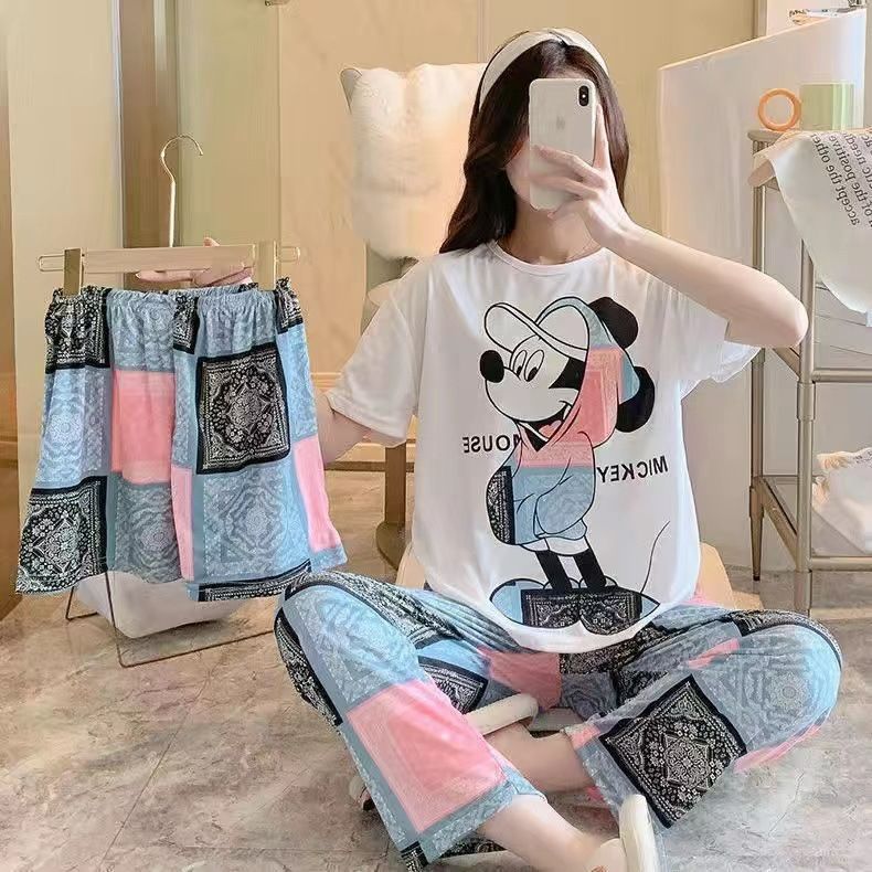 3 PCS Capri Pajamas for Women Set Short Sleeve Pajama Sets Floral Pj Sets Soft Sleepwear Women Sleepwear  Sleep Shirt and Long Pants with Shorts Pajam