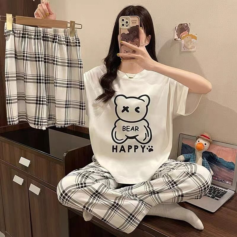3 PCS Capri Pajamas for Women Set Short Sleeve Pajama Sets Floral Pj Sets Soft Sleepwear Women Sleepwear  Sleep Shirt and Long Pants with Shorts Pajam