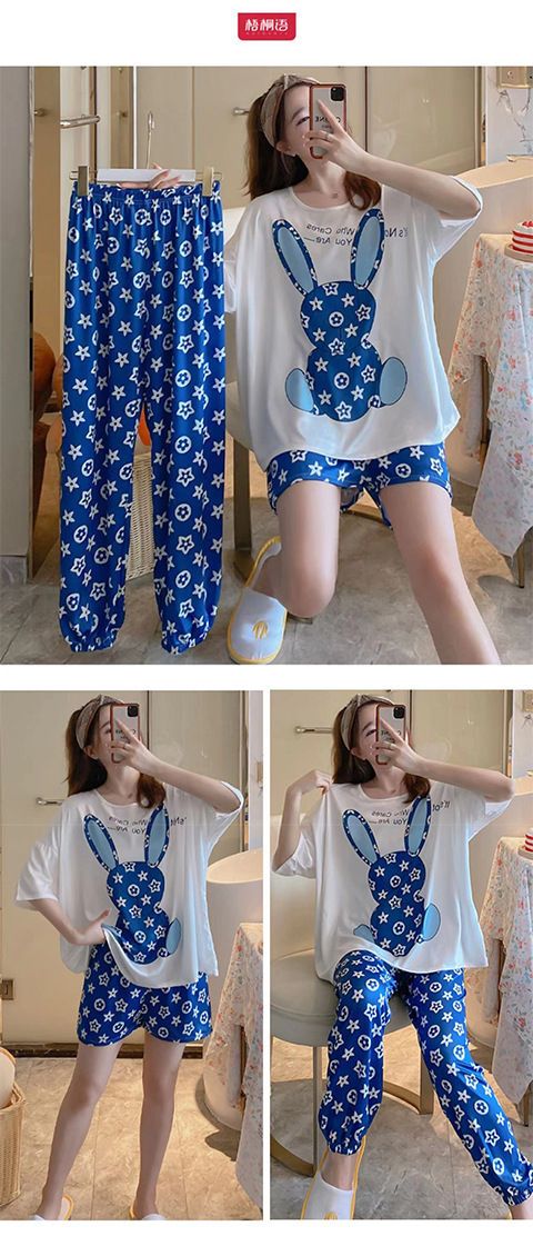 3 PCS Capri Pajamas for Women Set Short Sleeve Pajama Sets Floral Pj Sets Soft Sleepwear Women Sleepwear  Sleep Shirt and Long Pants with Shorts Pajam