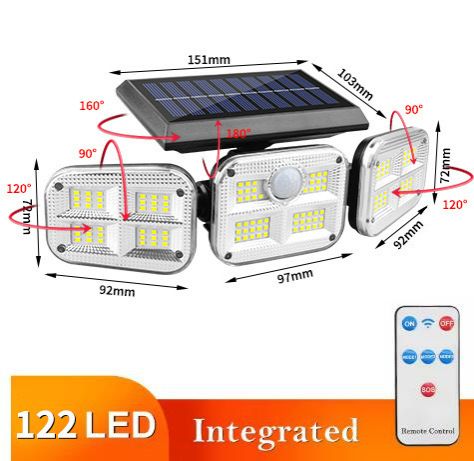 Solar Outdoor Lights – 122 LED, 1000 Lumens Bright Security Flood Light with 3 Adjustable Heads, Motion Sensor & Remote Control, 270° Wide Angle, IP65 Waterproof, 2 Lighting Modes