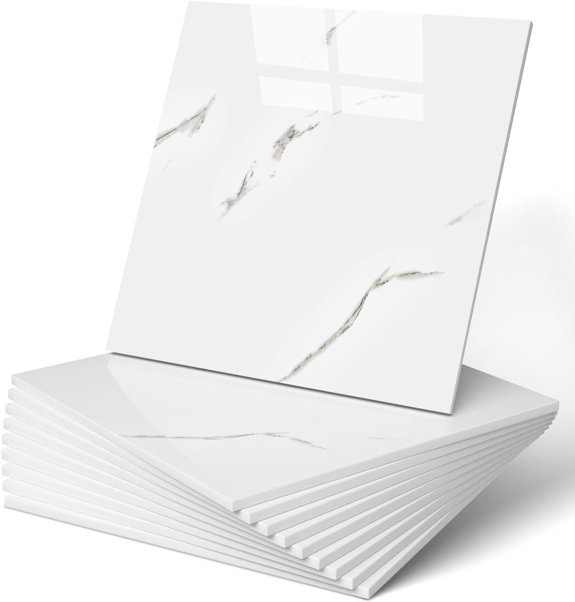 10-Pack Peel and Stick Backsplash Tiles – Glossy PVC Wall Panels, White Shower Tiles, 12" x 12" (9.68 Sq. Ft.), Waterproof Self-Adhesive for Bathroom & Kitchen, Realistic Marble-Like Finish