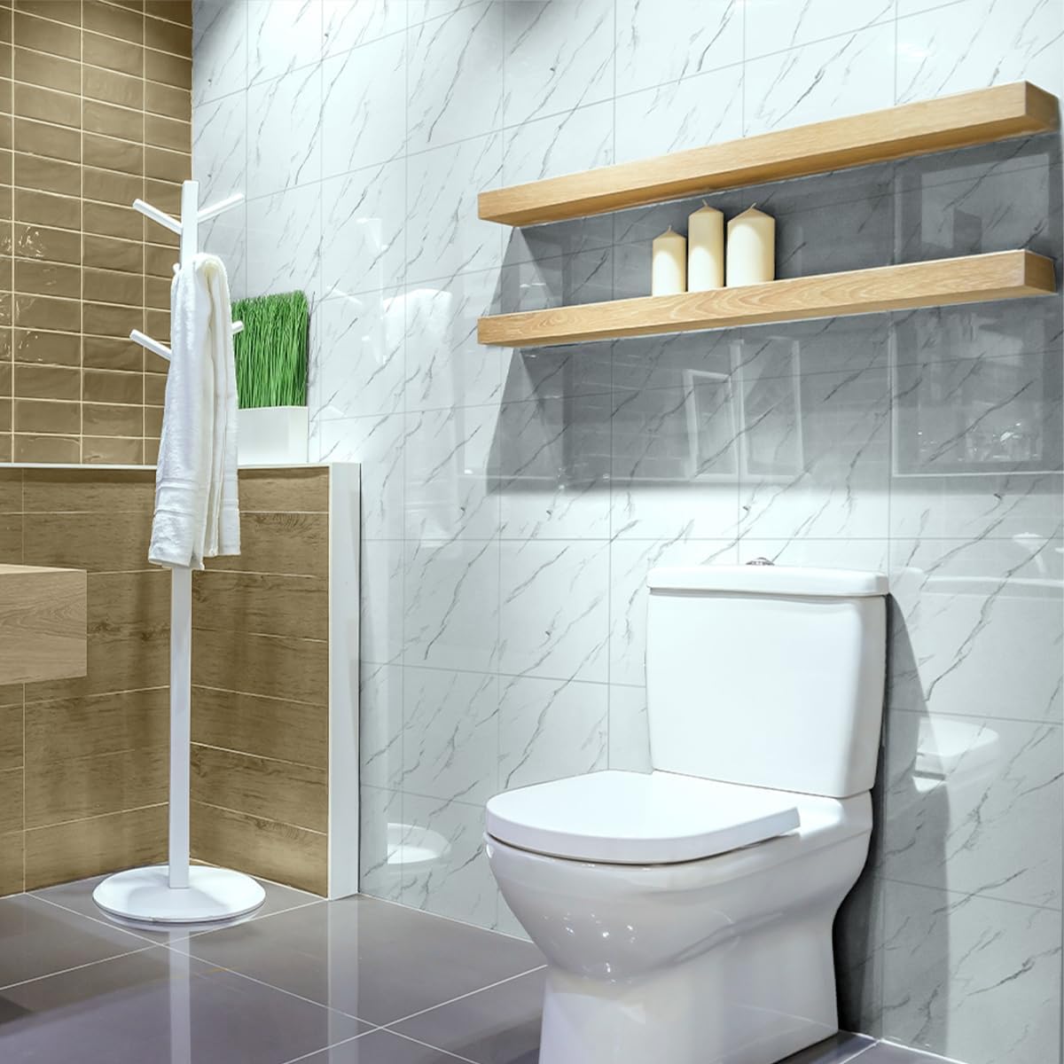 10-Pack Peel and Stick Backsplash Tiles – Glossy PVC Wall Panels, White Shower Tiles, 12" x 12" (9.68 Sq. Ft.), Waterproof Self-Adhesive for Bathroom & Kitchen, Realistic Marble-Like Finish