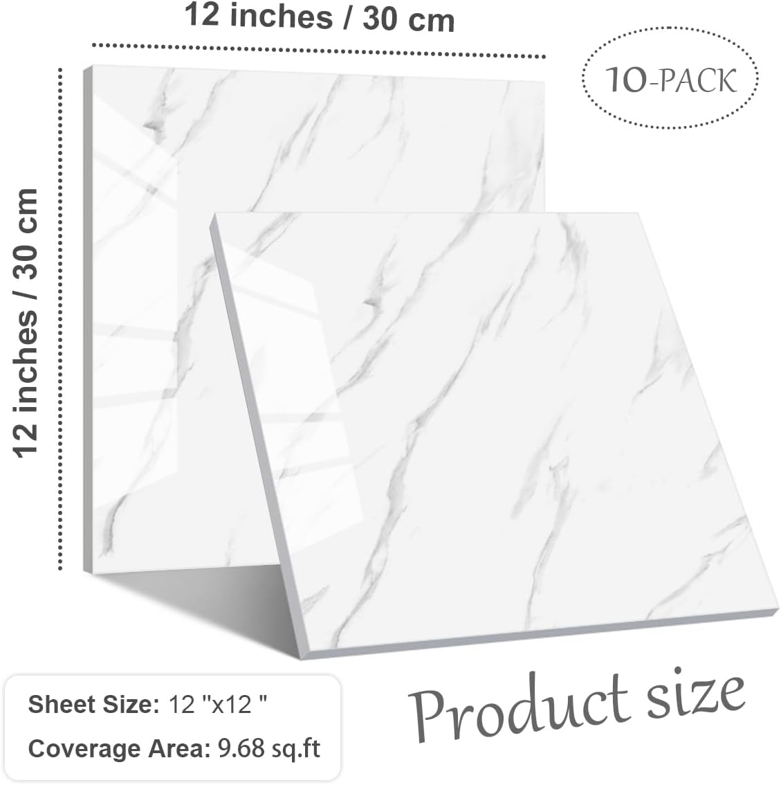 10-Pack Peel and Stick Backsplash Tiles – Glossy PVC Wall Panels, White Shower Tiles, 12" x 12" (9.68 Sq. Ft.), Waterproof Self-Adhesive for Bathroom & Kitchen, Realistic Marble-Like Finish