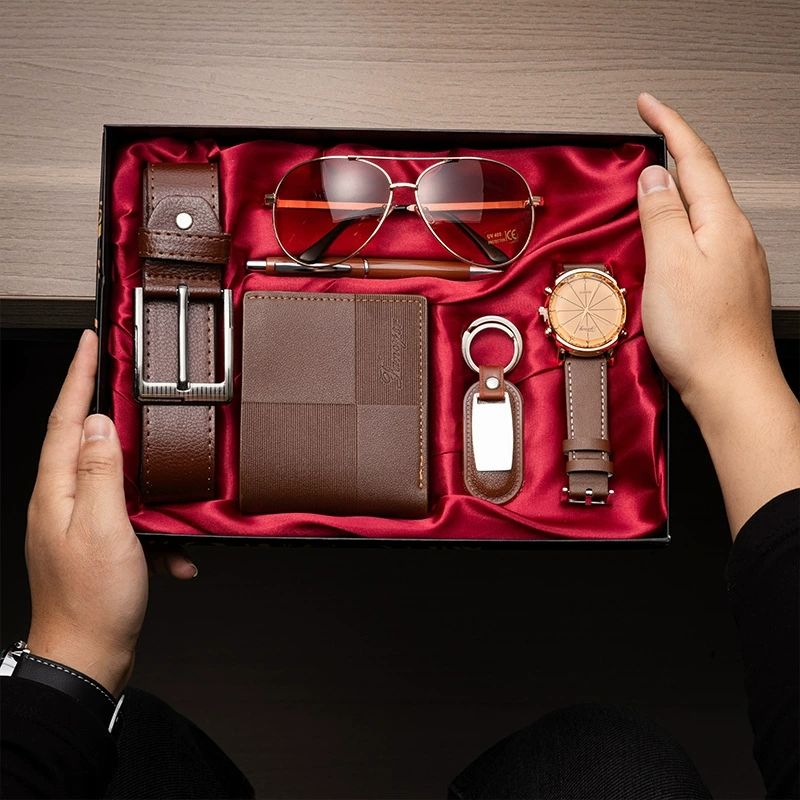7pcs Mens Gift Set Valentine's Day&Father's Day Present Gift Wallet Belt Sunglasses and Watches Christmas Gift  Men's Accessory Fashion Set (Belt, wallet, watch, glasses, keychain, Ballpoint pen) Men'
