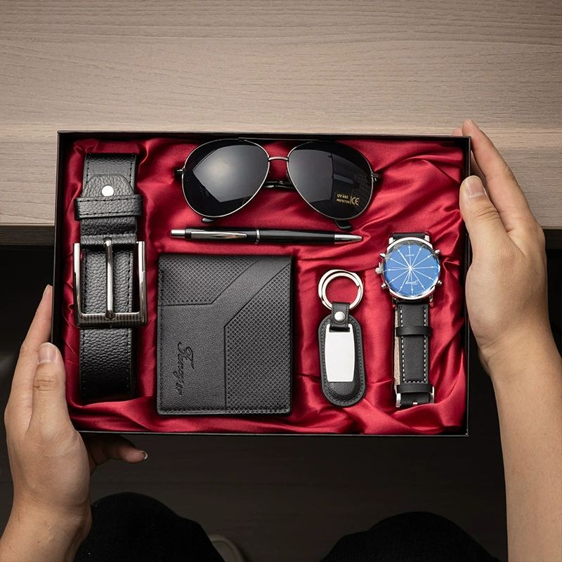 7pcs Mens Gift Set Valentine's Day&Father's Day Present Gift Wallet Belt Sunglasses and Watches Christmas Gift  Men's Accessory Fashion Set (Belt, wallet, watch, glasses, keychain, Ballpoint pen) Men'