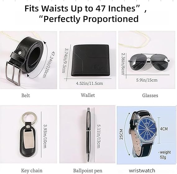 7pcs Mens Gift Set Valentine's Day&Father's Day Present Gift Wallet Belt Sunglasses and Watches Christmas Gift  Men's Accessory Fashion Set (Belt, wallet, watch, glasses, keychain, Ballpoint pen) Men'