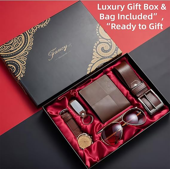 7pcs Mens Gift Set Valentine's Day&Father's Day Present Gift Wallet Belt Sunglasses and Watches Christmas Gift  Men's Accessory Fashion Set (Belt, wallet, watch, glasses, keychain, Ballpoint pen) Men'