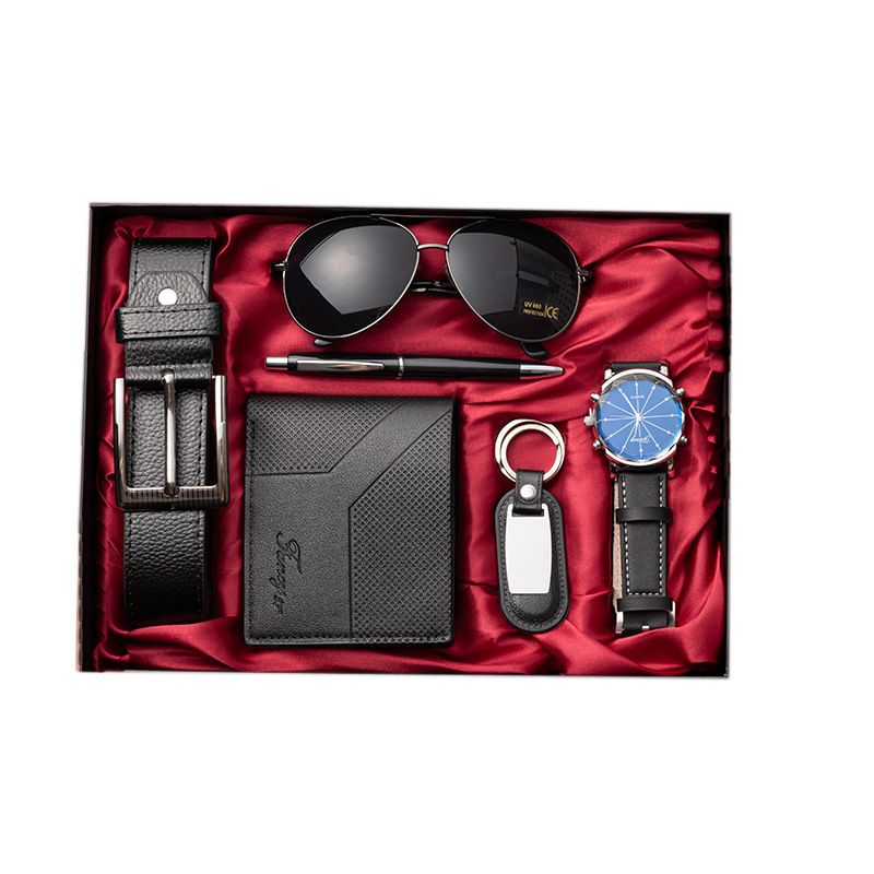 7pcs Mens Gift Set Valentine's Day&Father's Day Present Gift Wallet Belt Sunglasses and Watches Christmas Gift  Men's Accessory Fashion Set (Belt, wallet, watch, glasses, keychain, Ballpoint pen) Men'