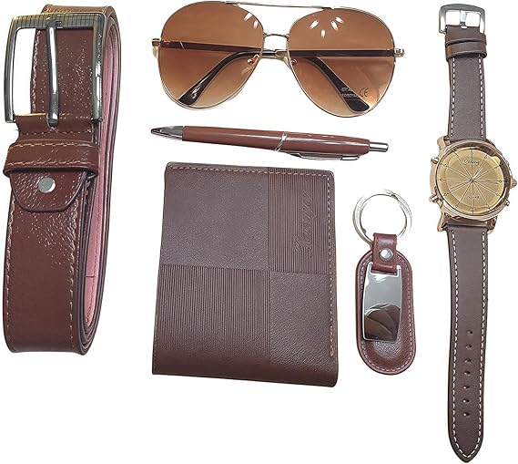7pcs Mens Gift Set Valentine's Day&Father's Day Present Gift Wallet Belt Sunglasses and Watches Christmas Gift  Men's Accessory Fashion Set (Belt, wallet, watch, glasses, keychain, Ballpoint pen) Men'