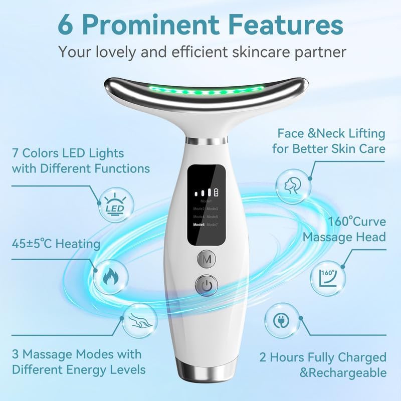 Neck Face Massager, 7 Color Portable Facial Massager for Enhanced Face, Neck and Shoulder Care with Vibrating and Warming Function Portable Skin Care Sculpting Tool and Beauty Device