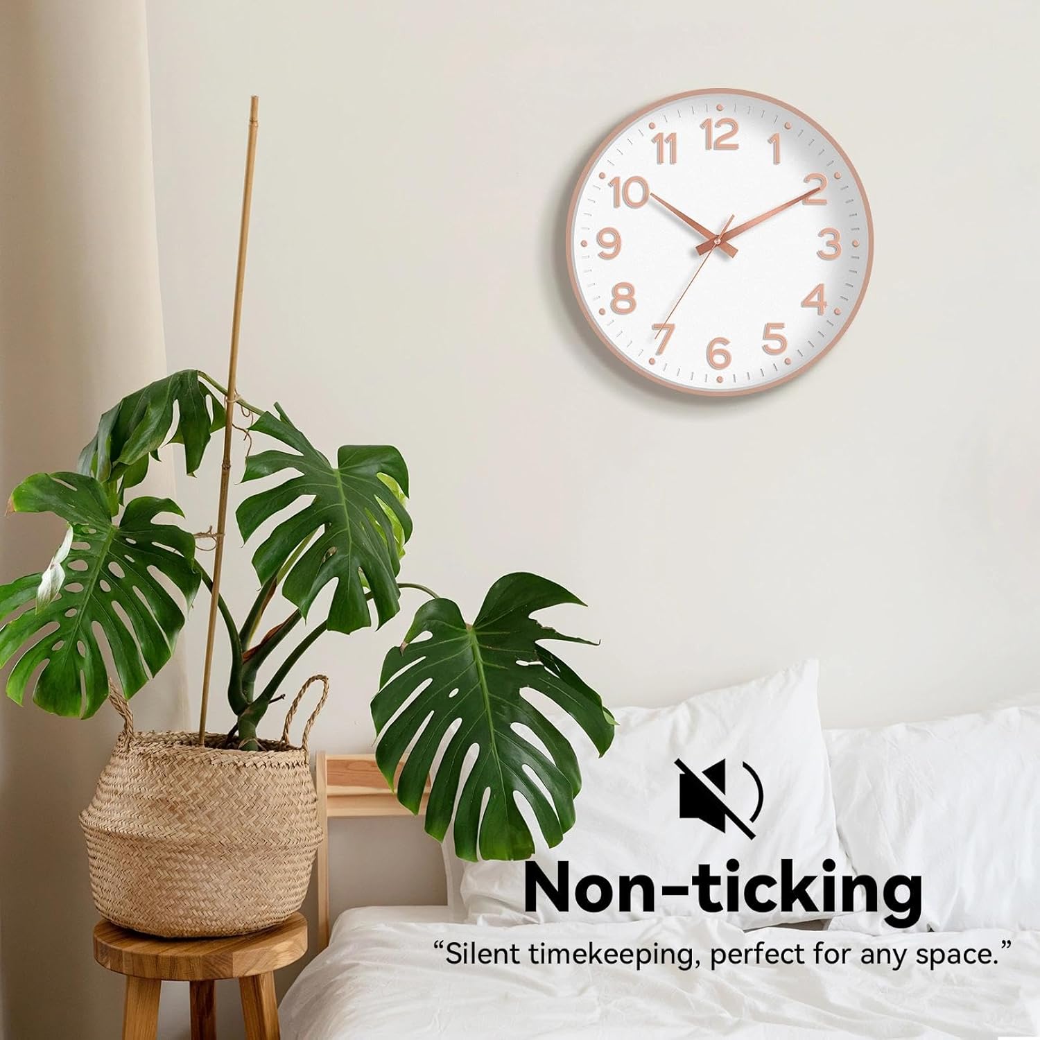 Wall Clock 12 Inch Non-Ticking Silent Modern Simple Style Round Decor Clock Rose Gold Stereoscopic Dial Quartz Wall Clocks for Home/Office/School/Living Room/Bedroom/Kitchen