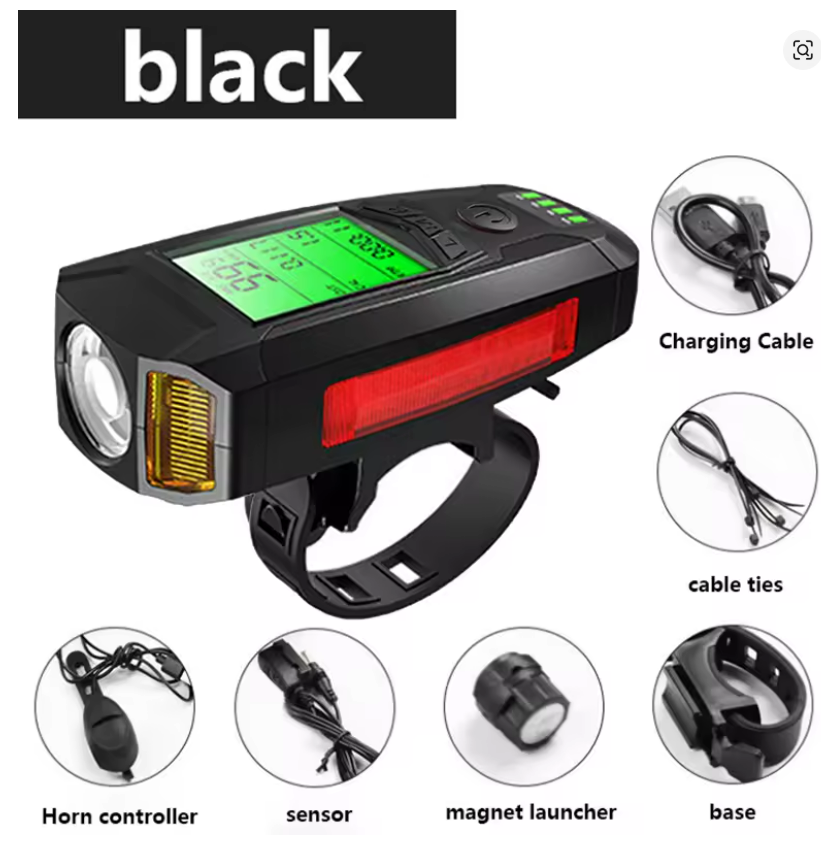 5 In 1 Bike Light With Bicycle Computer LCD Speedometer Odometer 5 Modes Horn Waterproof USB Charge Cycling Bike Lamp
