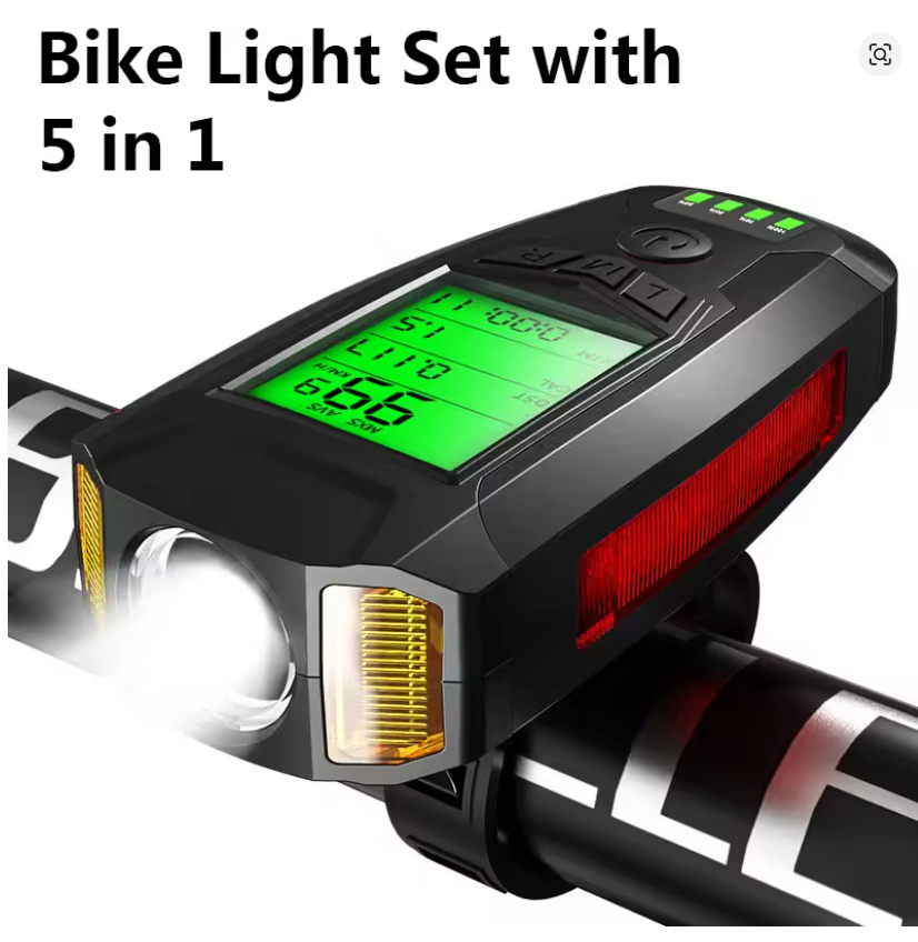 5 In 1 Bike Light With Bicycle Computer LCD Speedometer Odometer 5 Modes Horn Waterproof USB Charge Cycling Bike Lamp