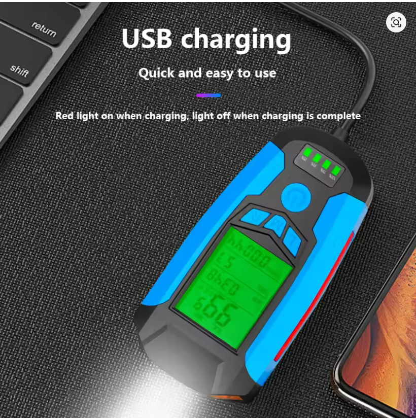 5 In 1 Bike Light With Bicycle Computer LCD Speedometer Odometer 5 Modes Horn Waterproof USB Charge Cycling Bike Lamp