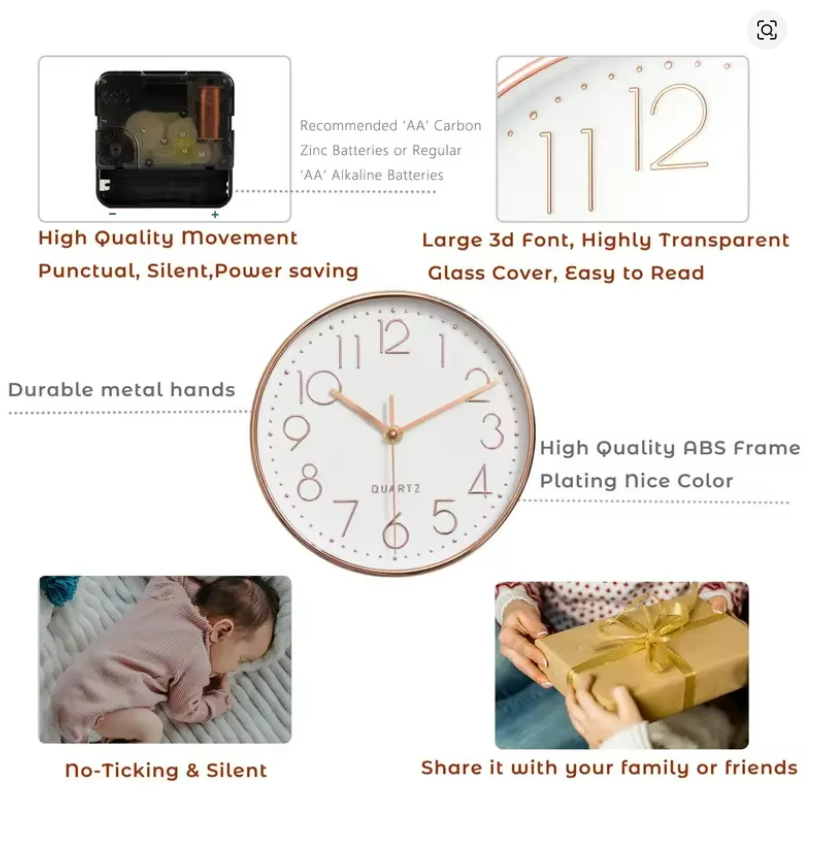 Wall Clock 12 Inch Non-Ticking Silent Modern Simple Style Round Decor Clock Rose Gold Stereoscopic Dial Quartz Wall Clocks for Home/Office/School/Living Room/Bedroom/Kitchen