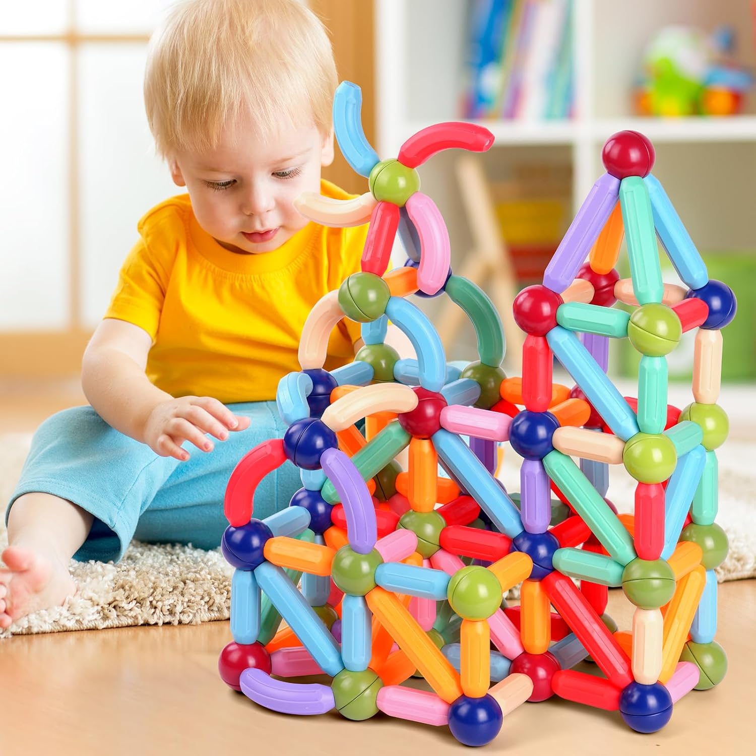 84 pcs Magnetic Balls and Rods Set,Magnetic Building Toys Colorful DIY STEM Building Blocks Sticks for Ages 3+ Year Old Children Boy Girl Educational Construction Toy